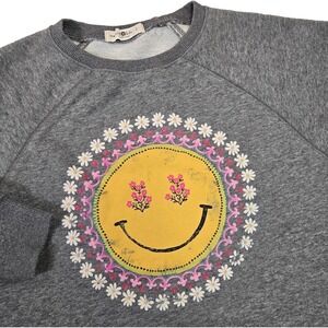 Natural Life Smiley Face Flower Cropped Sweatshirt Women's Size SMALL Gray